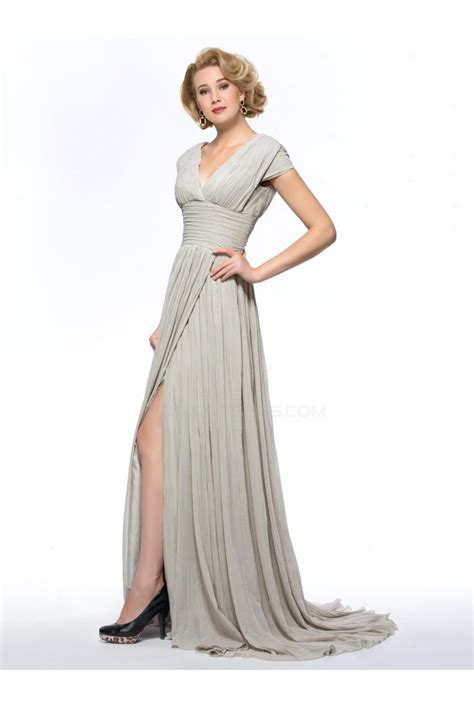 A Line V Neck Cap Sleeve Pleated Split Front Long Chiffon Mother Of The