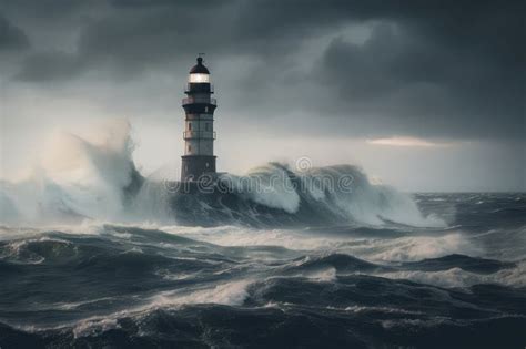 Lighthouse With View Of The Dark And Stormy Sea During A Dramatic