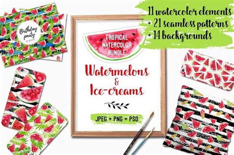 Watercolor Watermelons And Ice Creams Watermelon Ice Cream Fruit