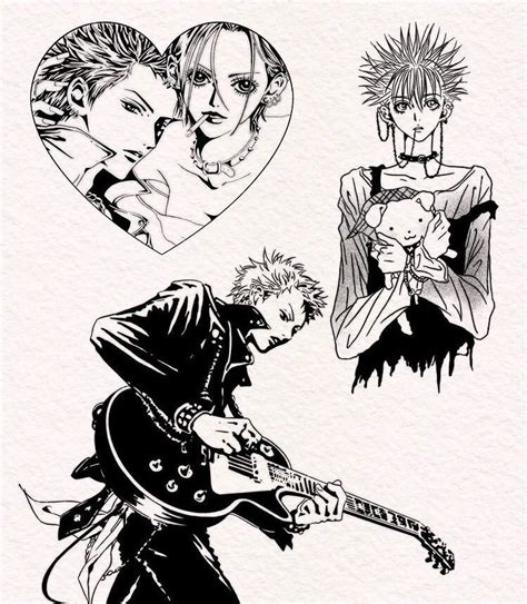 some black and white drawings of people with guitars