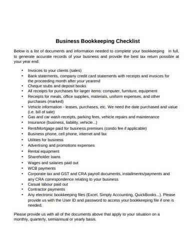 bookkeeping checklist samples  templates   ms word