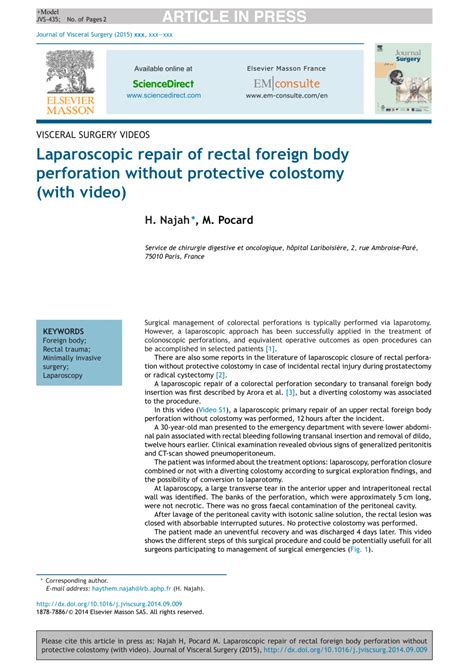 PDF Laparoscopic Repair Of Rectal Foreign Body Perforation Without
