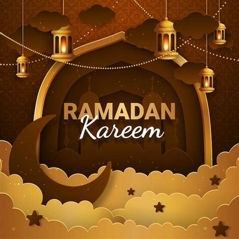 Corte De Papel Ramadan Kareem Vetor Banner Ou Cartaz Com Lanterna E