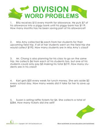 Includes writing variables in equations to represent unknowns. 4th Grade Division Word Problems | Education.com