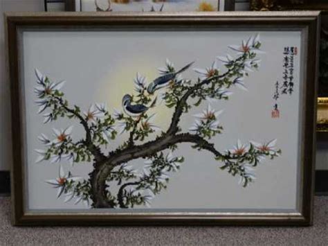 Chinese Oil On Canvas Painting Birds In A Tree