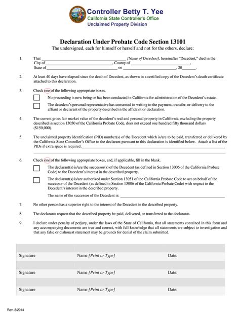 The canada border services agency (cbsa) requires you to declare all goods that require an export declaration prior to leaving canada. CA Declaration Under Probate Code Section 13101 2014 ...