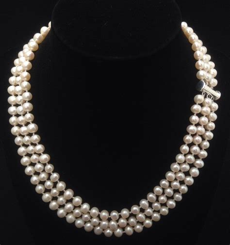 Triple Strand Pearl Necklace Genuine Pearl Necklace Aa Pearl