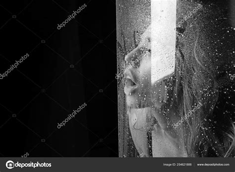 Shower And Hygiene Spa Treatment Window With Water Drops Before Girl With Makeup Sexy Woman