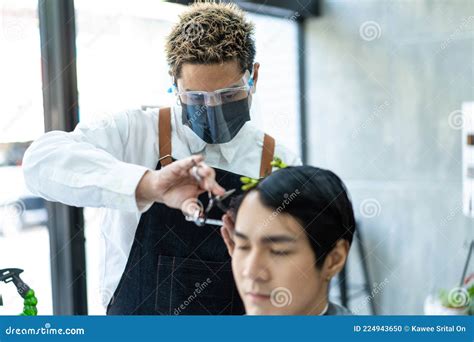 Asian Hairdresser Barber Wear Mask, Cut Hair of Attractive Man in Shop