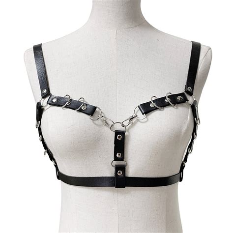 sexy women punk rock gothic handcrafted body chains bra bondage cage harness black leather