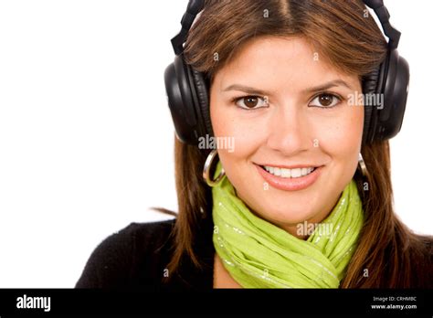 Young Cute Woman Listening To Music With Headphones Smiling Stock