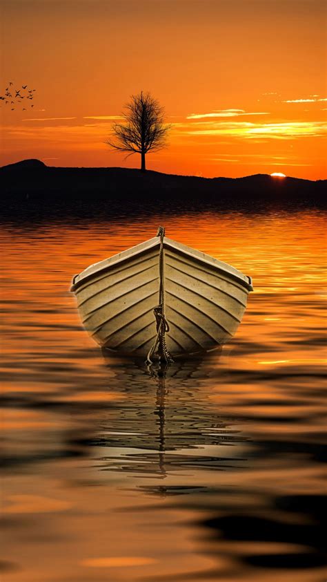 Download Wallpaper 1080x1920 Boat Sunset Skyline Lake Tree Samsung Galaxy S4 S5 Note Sony
