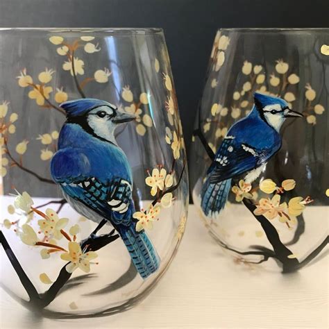 Bluejay Wine Glass Hand Painted Collectible Stylish Bird Etsy In 2020