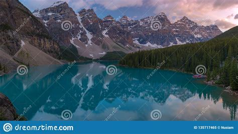 Panorama Of The Moraine Lake Sunset With Snow With Turquoise Lake And