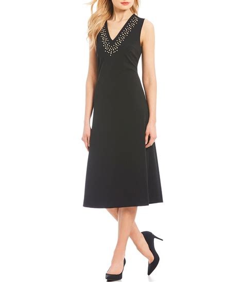 Lyst Calvin Klein Beaded V Neck Sleeveless A Line Midi Dress In Black