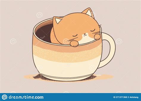 Cute Sleepy Cat Sleep In Coffee Cup Illustration Stock Illustration