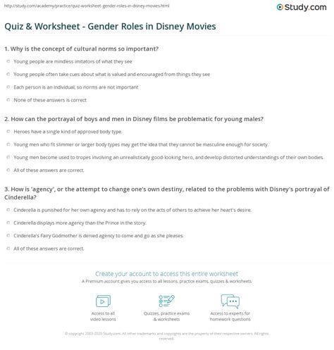 Quiz And Worksheet Gender Roles In Disney Movies