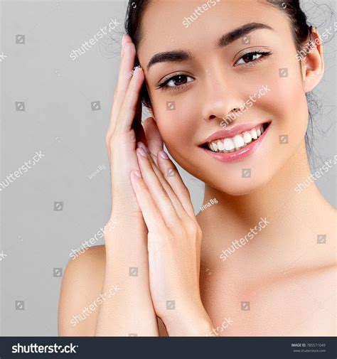 Woman Beauty Face Portrait Isolated On Gray With Healthy Skin And White