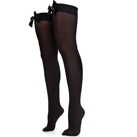Bow Accent Thigh Highs Black Over The Knee High Stockings With Black Satin Ribbon Bow Accent