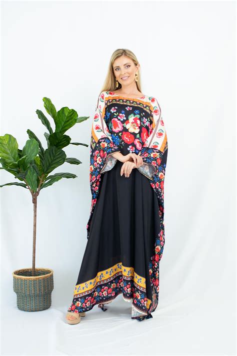Floral Silk Kaftan Bohemian Dress Black Silk Kaftan Etsy