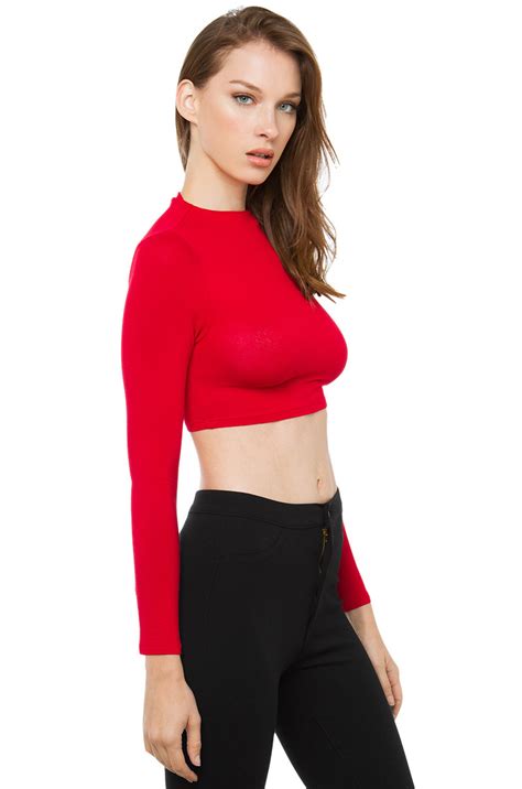 Lyst Akira Mock Neck Long Sleeve Crop Top Red In Red