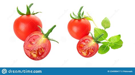 Young Beautiful Red Cherry Tomatoes Whole And Halves With Fresh Young