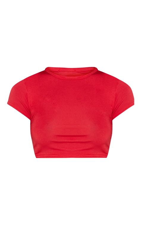 Basic Red Short Sleeve Crop T Shirt Tops Prettylittlething Aus