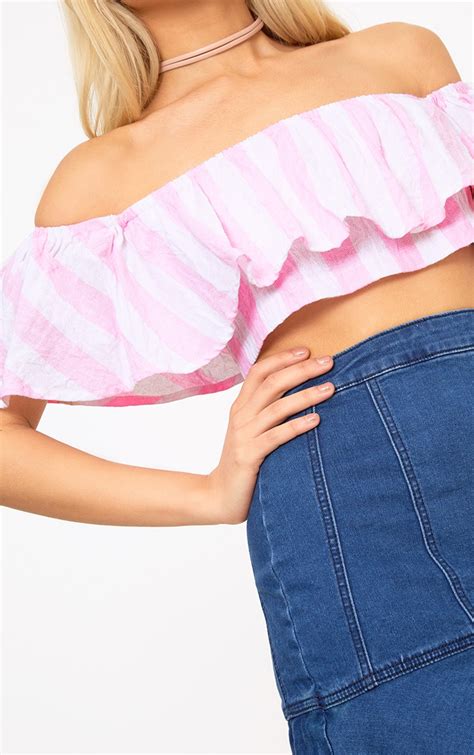 Sophina Pink Cotton Stripe Bardot Crop Top Tops Prettylittlething Usa