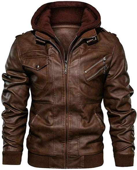 Mens Leather Jacket Casual Motorcycle Removable Hood Pu Leather Jacket