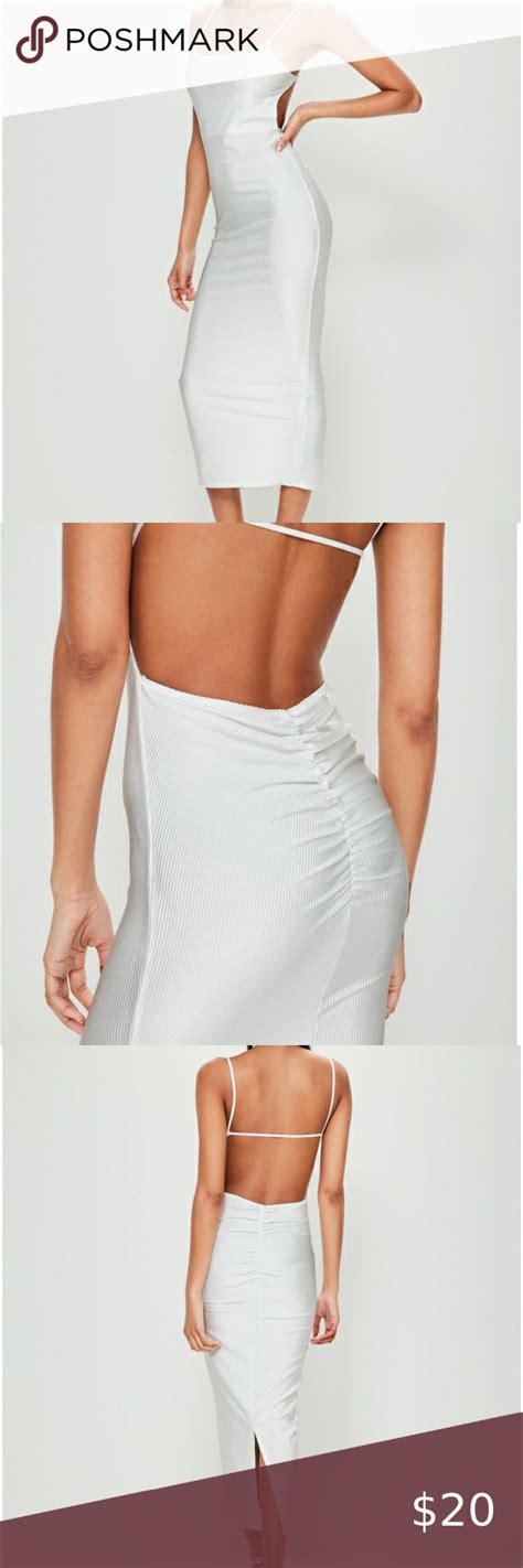 Missguided White Ribbed Backless Ruched Midi Dress Ruched Midi Dress
