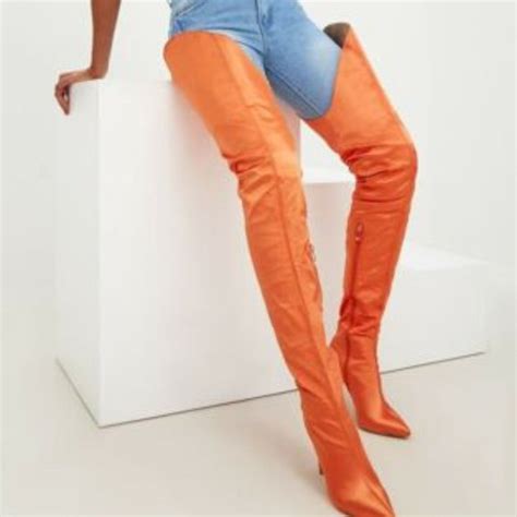 Prettylittlething Shoes 8 Orange Satin Crotch Super Thigh High Heel