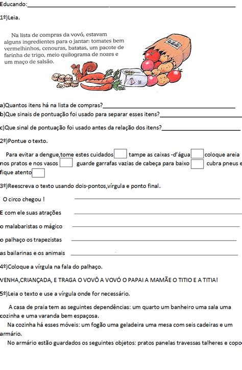 Atividades Uso Da Virgula 4 Ano
