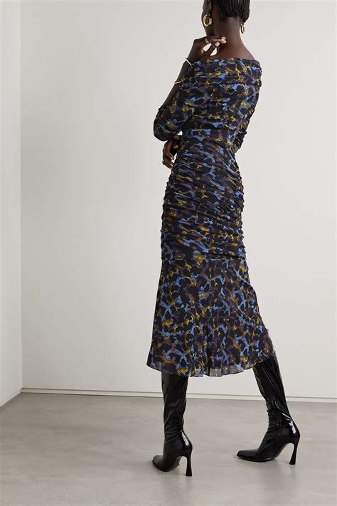 Diane Von Furstenberg Ganesa Off The Shoulder Ruched Leopard Print Stretch Mesh Midi Dress Net