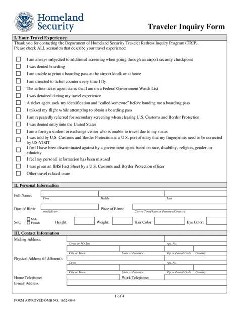 Fillable Online Fillable Traveler Inquiry Form Department Of Homeland