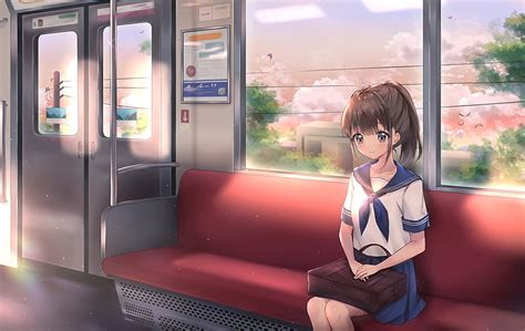 Anime School Girl Train Trip Cute School Uniform Clouds Anime Hd