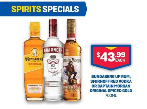 Bundaberg Up Rum Smirnoff Red Vodka Or Captain Morgan Original Spiced Gold ML Offer At