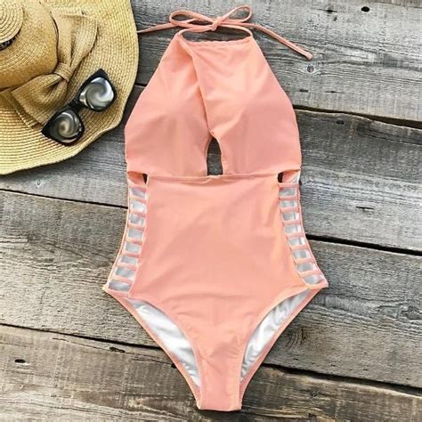buy spring summer 2018 swimwear trends women s peach solid color backless with deep v neck one
