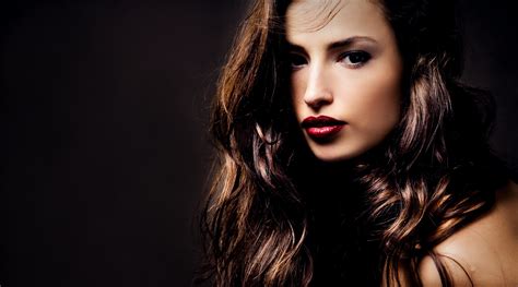 Brunette Model Women Face Red Lipstick Long Hair Looking At Viewer Lipstick Dark Eyes