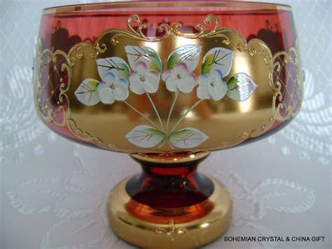 Czech Bohemian Slavia Gold Hi Enamel Ruby Red Crystal Glass Pedestal Bowl 7 Nib Red Crystals