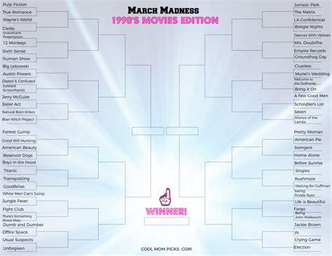 March Madness Bracket Printable 90s Movies Edition