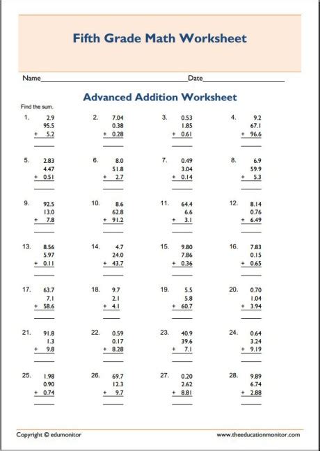 grade advanced addition math worksheets