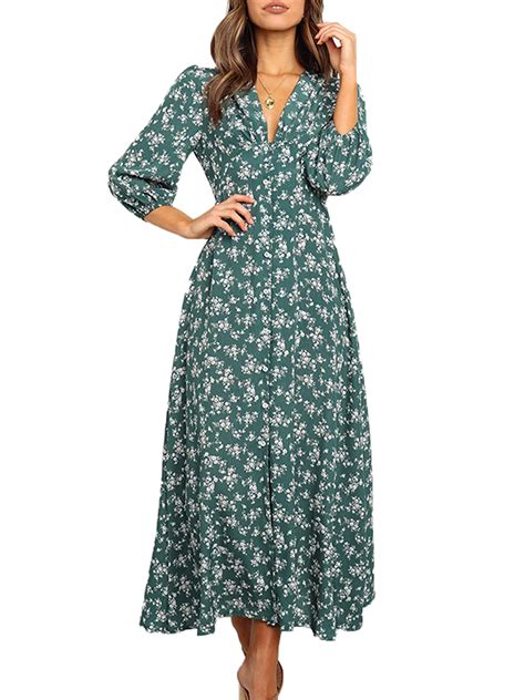 Amavo Womens Long Sleeve Bohemian Floral Maxi Dresses Loose Casual