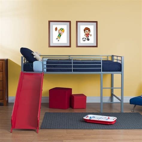 Metal Twin Loft Slide Bed In Silver And Red 5513298