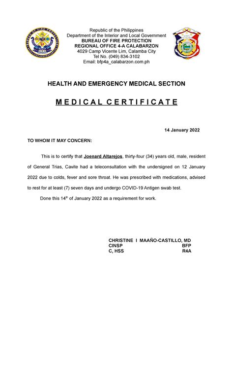 Medical Certificate Jean Tamayo Department Of The Interior And Local