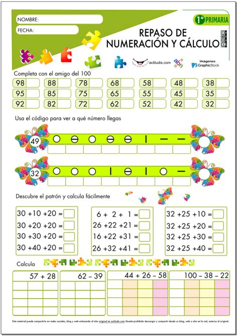 Estos han sido diseñados por un equipo de especialistas en educación primaria conforme a las buenas prácticas educativas y estándares. Repaso de numeración y cálculo para 1º de Primaria - Actiludis