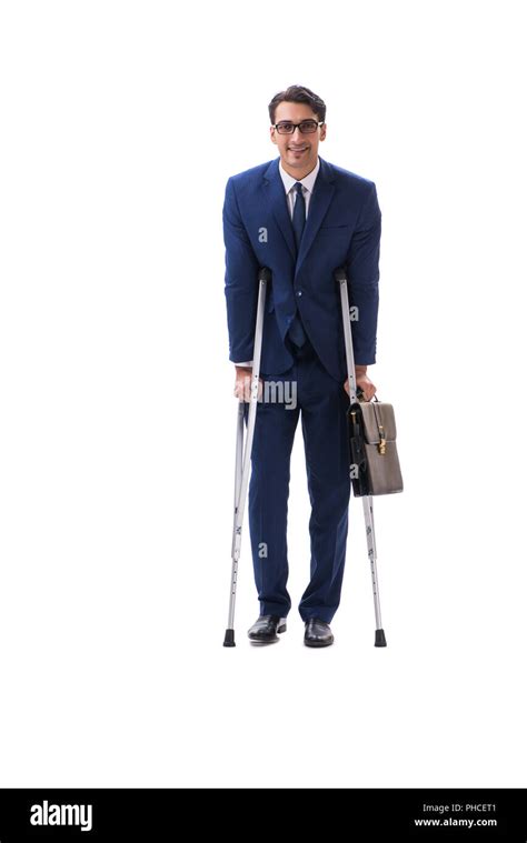 Businessman Walking With Crutches Isolated On White Background Stock