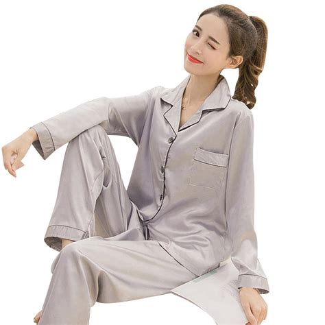 Women Solid Color Silky Pajama Set Long Sleeve Top Pants Two Pieces