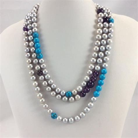 Silver Pearl Rope Necklace With Turquoise Tinted Howlite And Amethyst