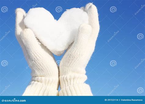 Hands In White Gloves Holding Snow Heart Stock Images Image 29723114