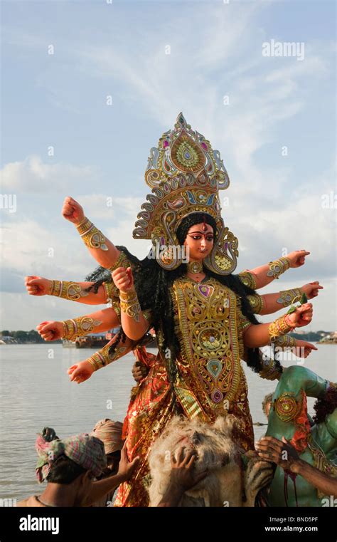 Immersion Ceremony Of Goddess Durga In A River Hooghly River Kolkata West Bengal India Stock